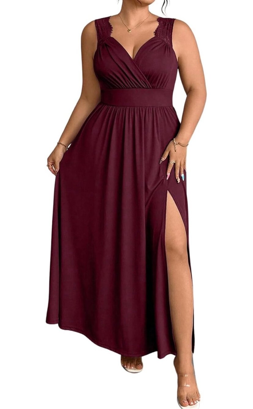 NWOT Oyoangle Women's Sz Small Lace Trim Sleeveless Formal Maxi Dress Burgandy